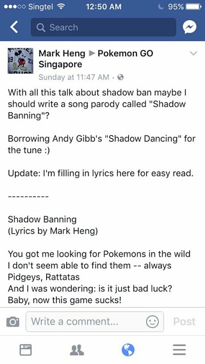 Facebook post on 28 May 2017 about Shadow Banning song parody idea
