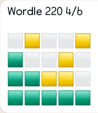 Mark's Wordle 220 solved in 4 moves